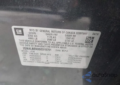 2016 Chevrolet Equinox Ls из США, поврежденный, VIN 2GNALBEK8G6318751